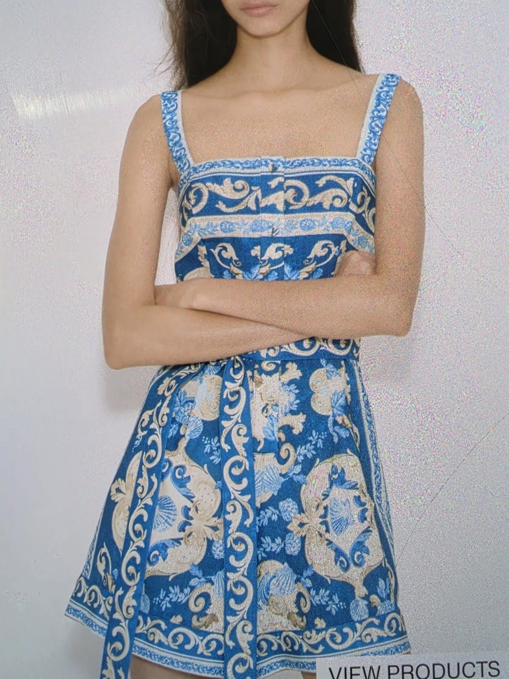 H&M Blue and Cream Printed Square-Neck Romper